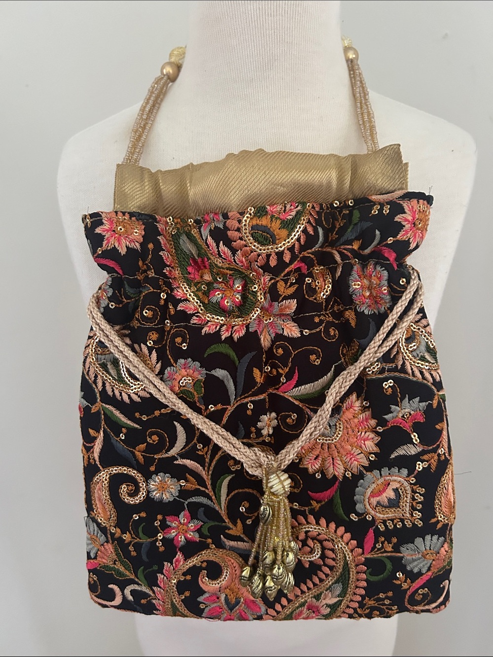 Boho Floral Paisley Fabric Drawstring Bag in Black and Gold/Pink